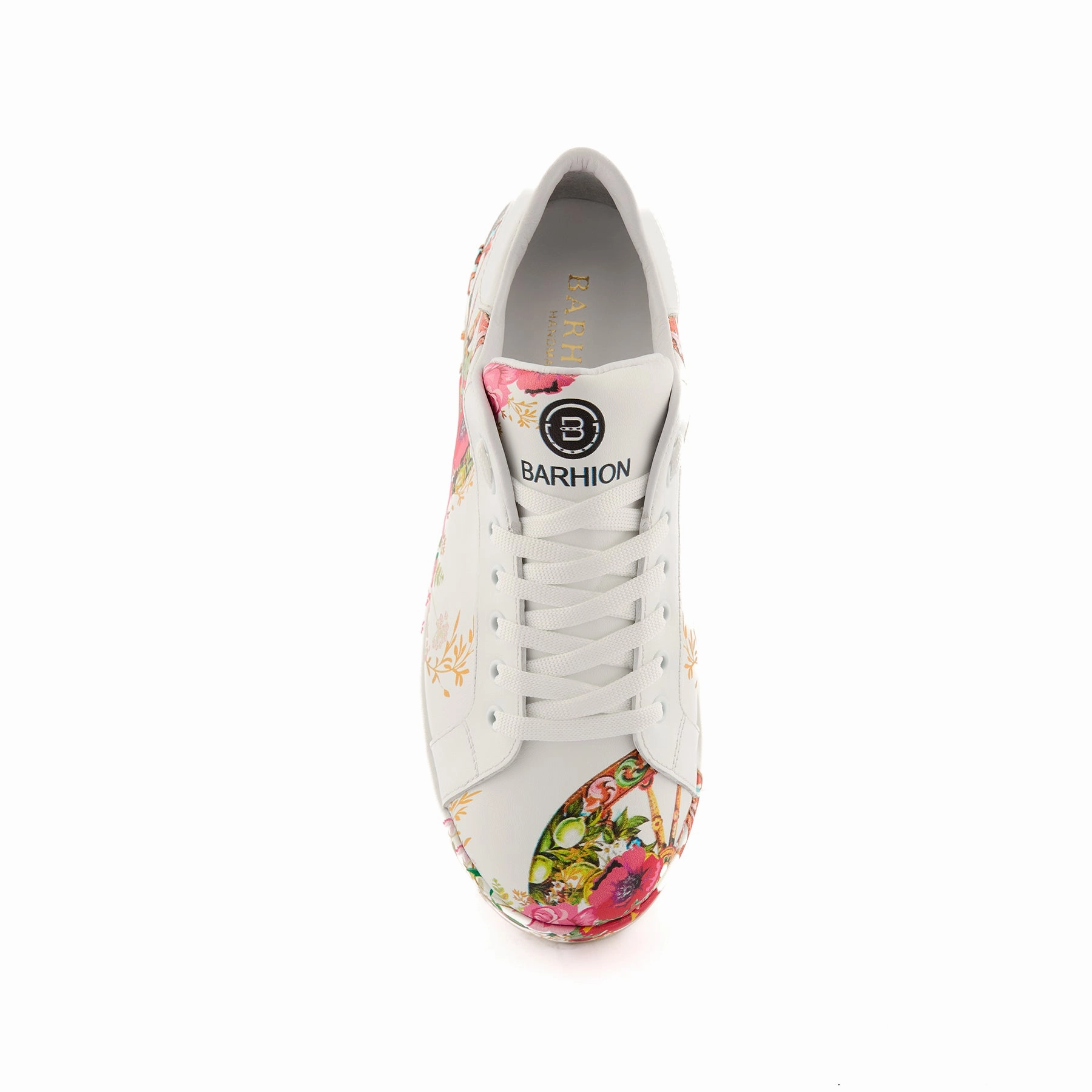 Women's White Handmade Calf Leather Floral Painted Sneakers W5032 Gold And Silver Sneakers