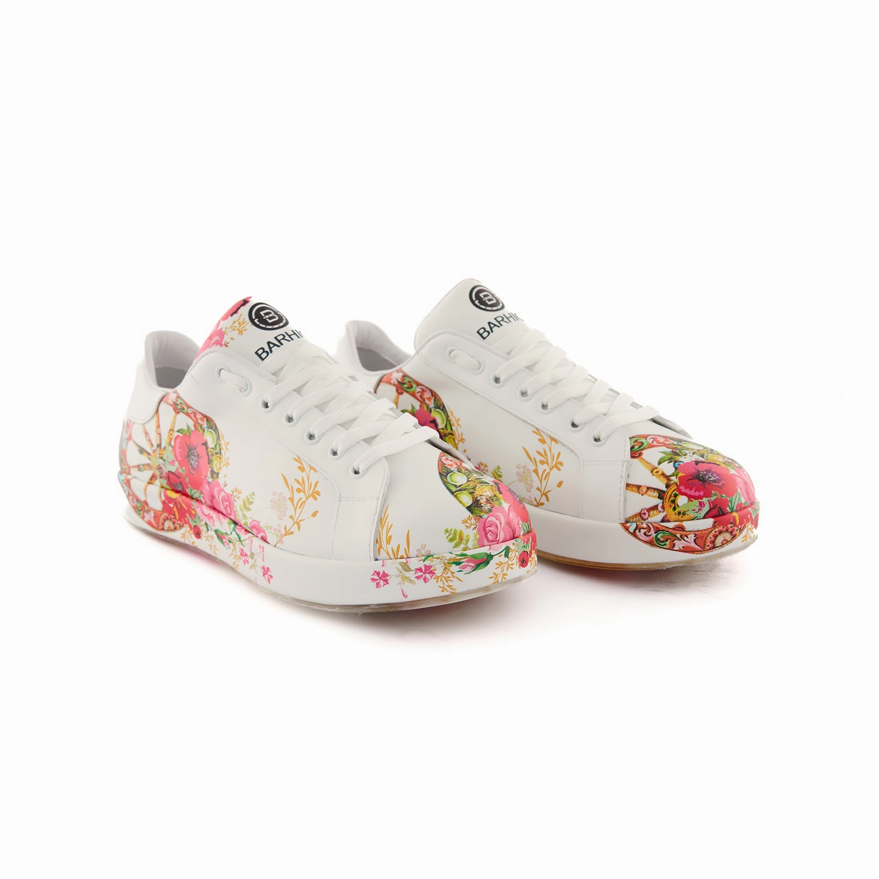 Women's White Handmade Calf Leather Floral Painted Sneakers W5032 Basketball Sneakers Cheap