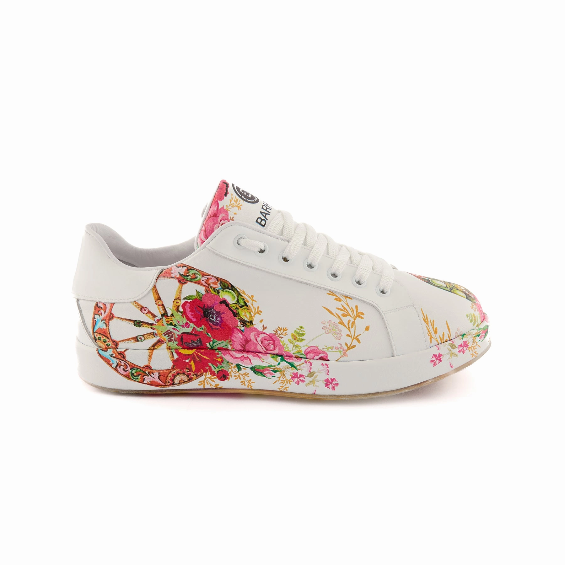 Women's White Handmade Calf Leather Floral Painted Sneakers W5032 Best Socks For Sneakers