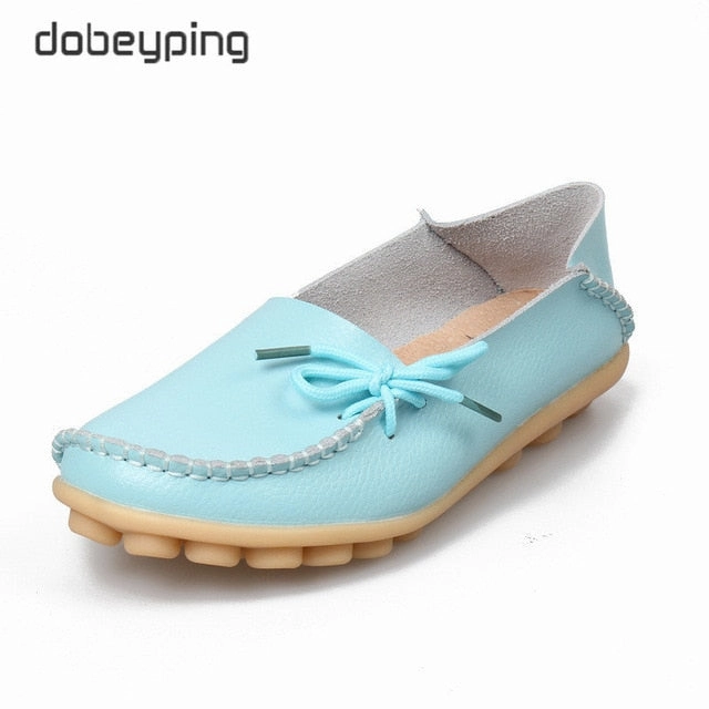New Moccasins Women Flats 2019 Autumn Woman Loafers Genuine Leather Female Shoes Slip On Ballet Bowtie Women's Shoe Size 35-44