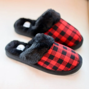 Corky's | Snooze Slide On Slippers with Furry Lining in Red Buffalo Plaid Half Ballet Slippers