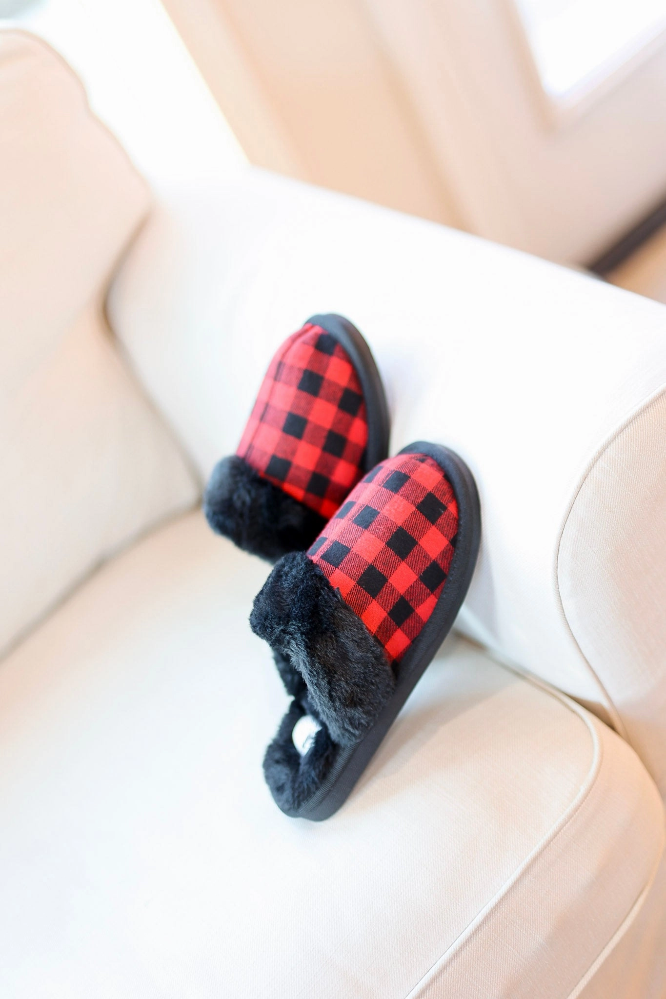 Fuzzy Open Toe Slippers Corky's | Snooze Slide On Slippers with Furry Lining in Red Buffalo Plaid