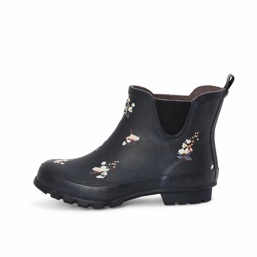 Ankle Height Rain Boots - Black Floral - Wide Foot - Easy to Slip On Best Waterproof Winter Walking Shoes