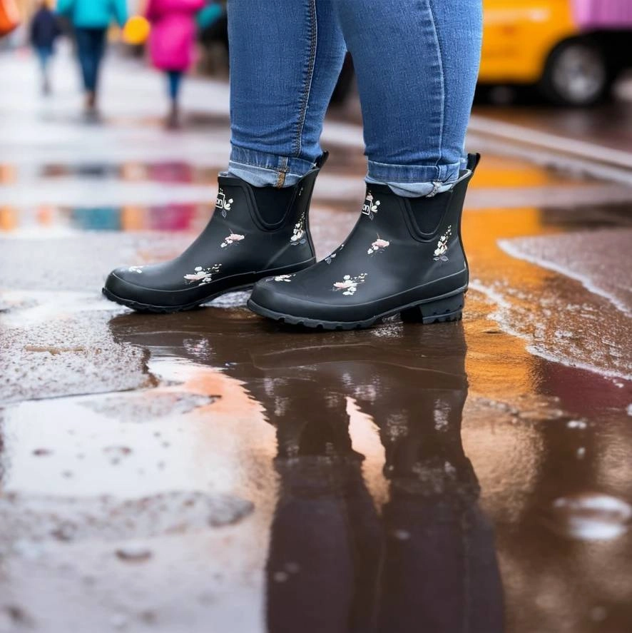 Ankle Height Rain Boots - Black Floral - Wide Foot - Easy to Slip On Waterproof Shoe Rack Outdoor