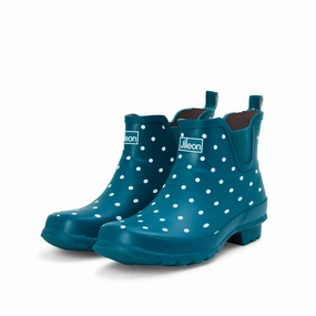 Ankle Height Rain Boots - Teal with White Spots - Wide Foot - Easy to Slip On Down Padded Waterproof Warm Casual