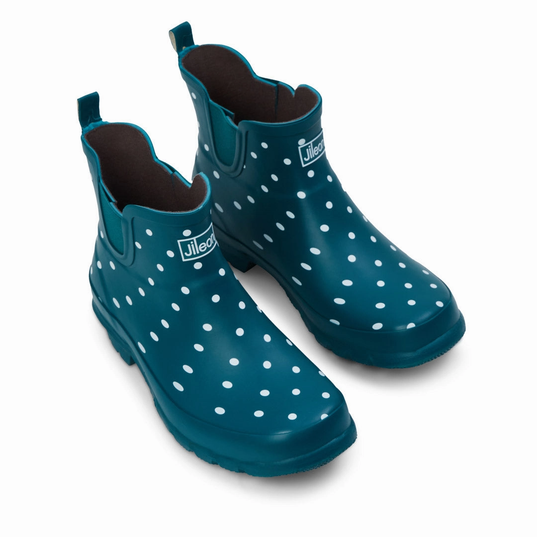 Waterproof Shoe Rack Ankle Height Rain Boots - Teal with White Spots - Wide Foot - Easy to Slip On