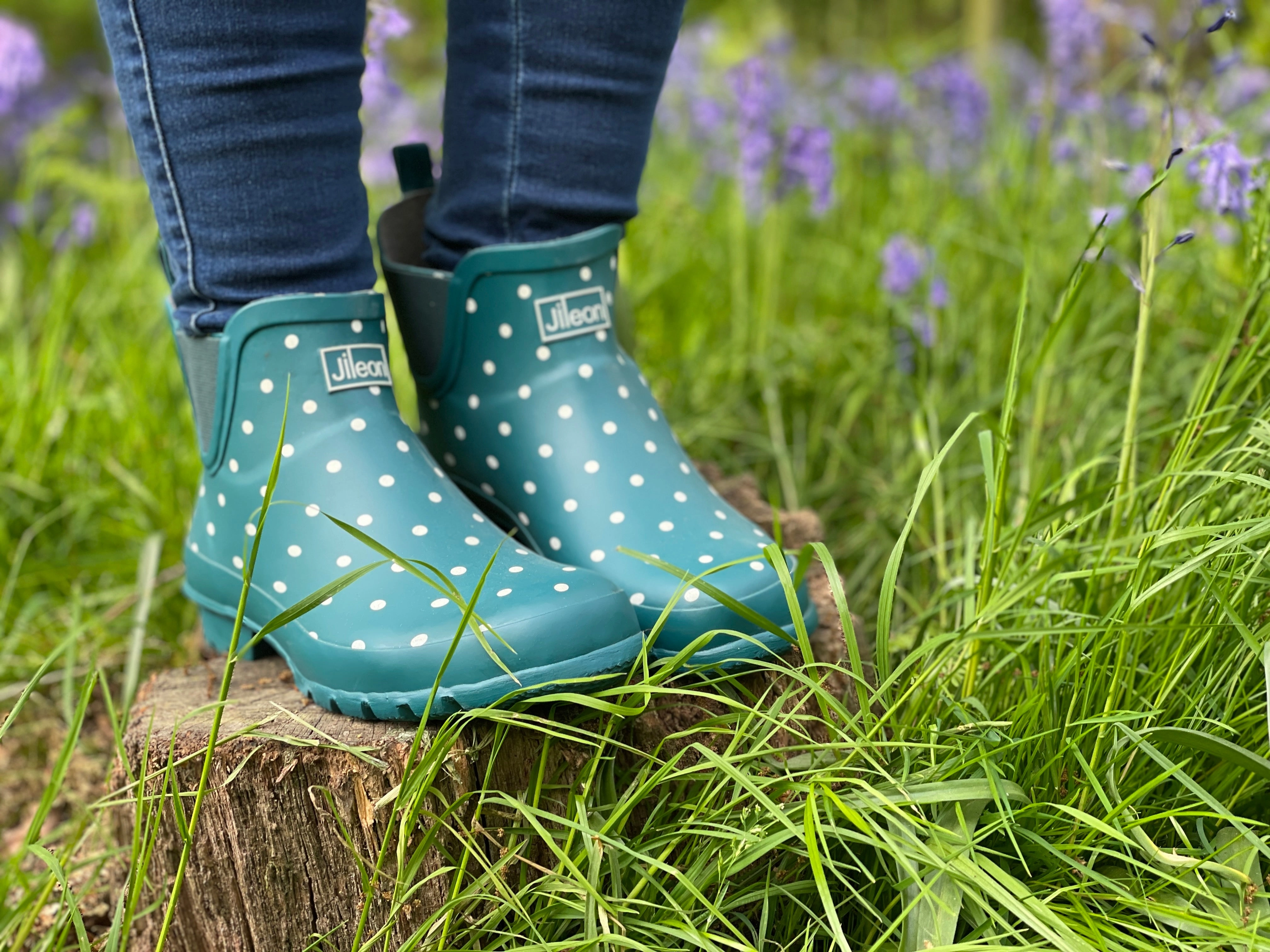 Ankle Height Rain Boots - Teal with White Spots - Wide Foot - Easy to Slip On Golf Shoe Waterproof Warranty