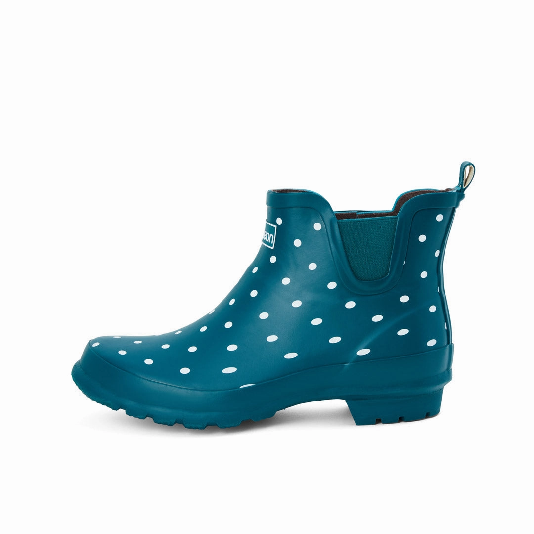 Waterproof Glue For Shoes Ankle Height Rain Boots - Teal with White Spots - Wide Foot - Easy to Slip On