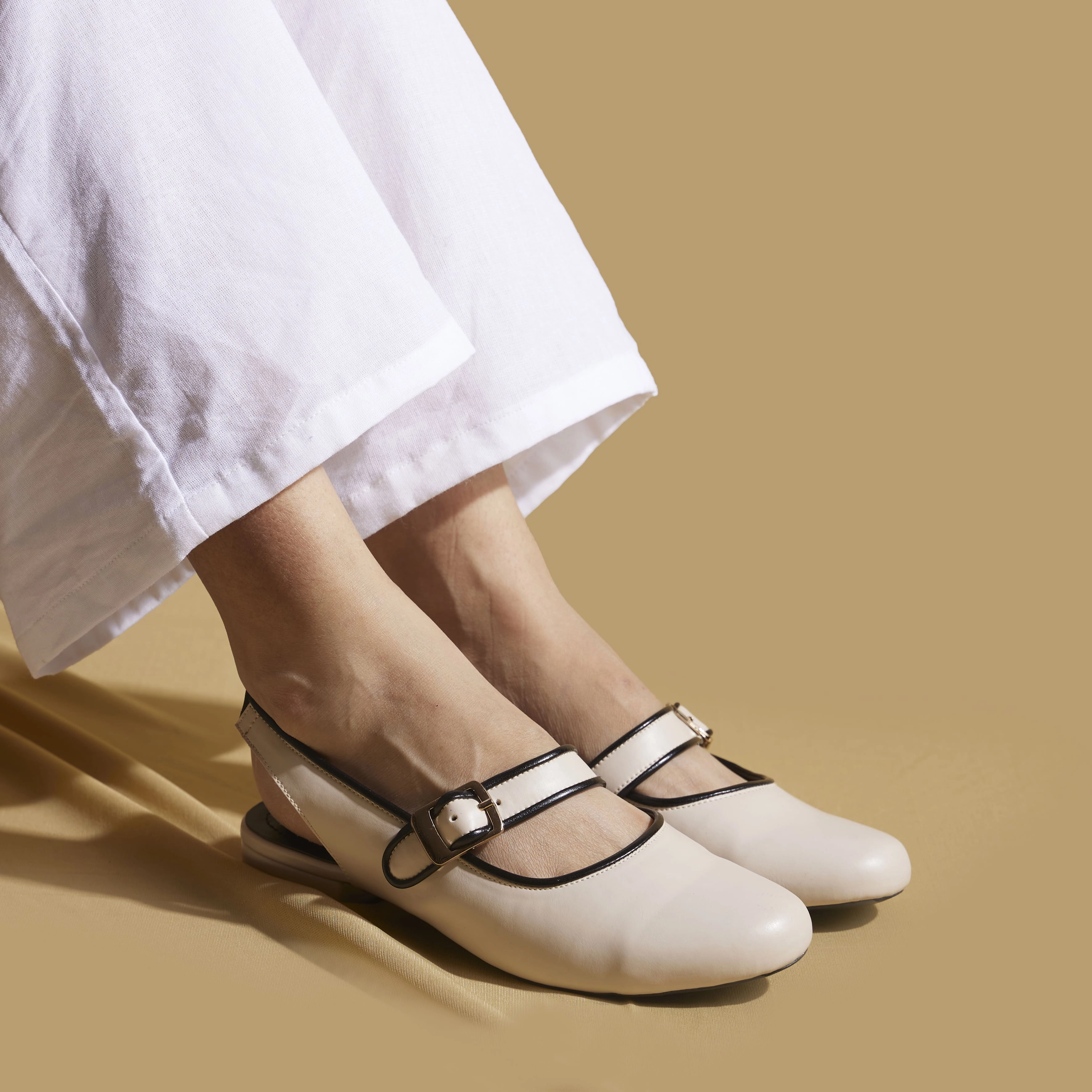 Sling Back White Ballerinas   0.25 inch Heel | GoBasic | Customisable Leather Pointed Toe Flat Shoes