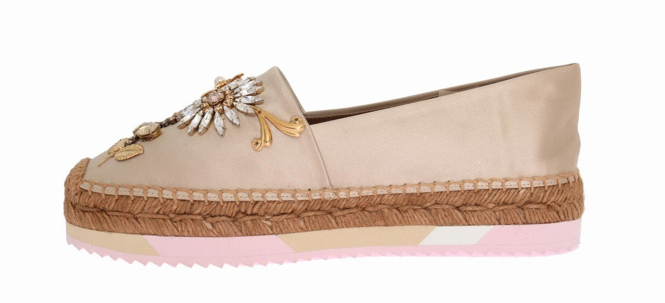Beige Silk Raso Crystal Espadrilles Shoes Cute Flat Shoes With Arch Support