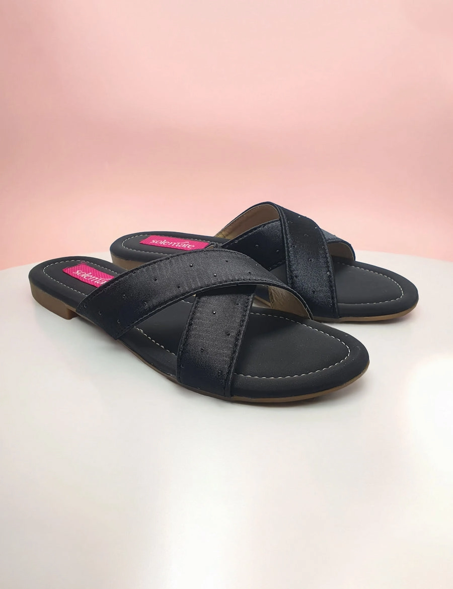 Black | Flat Slippers for women Tweed Flat Shoes