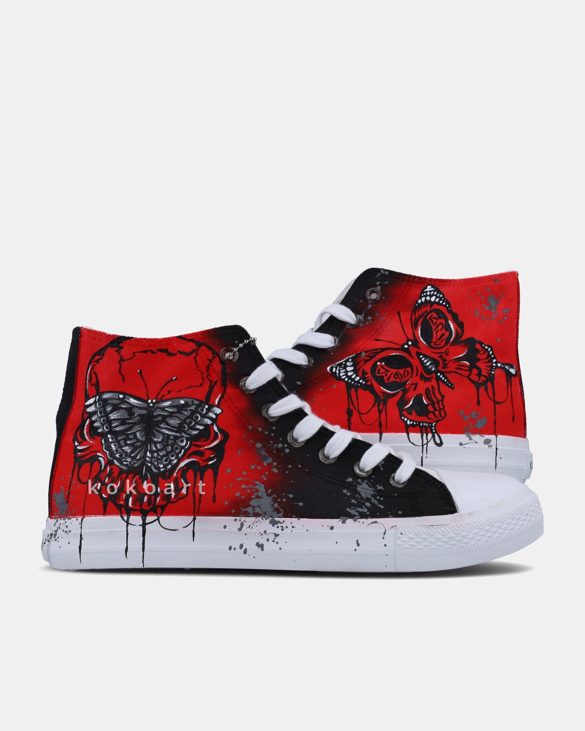 Zero Drop Waterproof Running Shoes Black and Red Skull and Butterfly Hand Painted Shoes