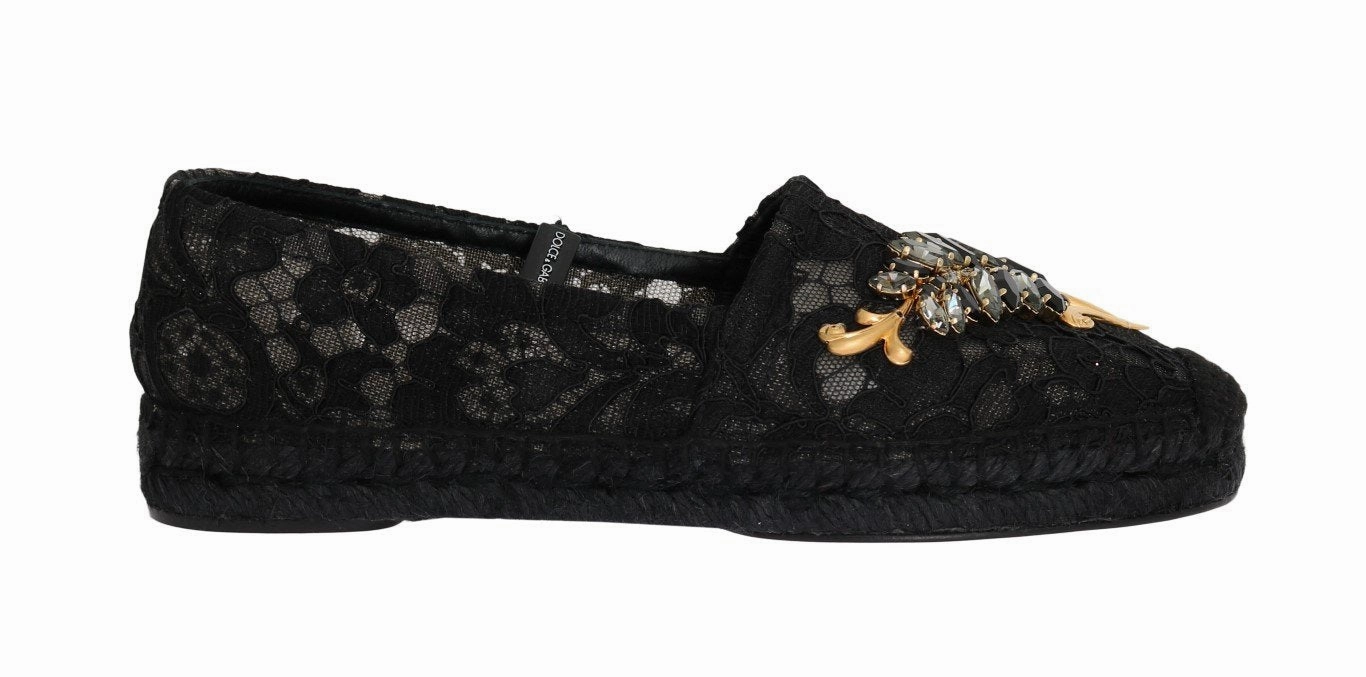 Flat Shoes And Sandals Black Lace Crystal Espadrilles Shoes