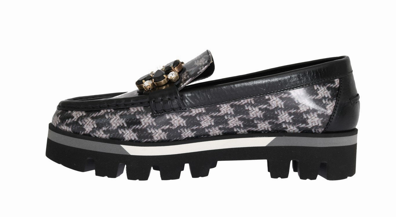 Black Leather Crystal Moccasins Shoes Flat Shoes At