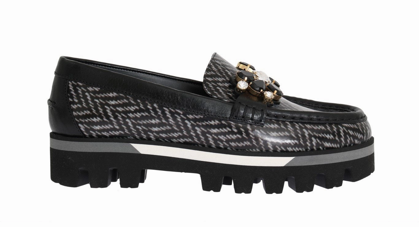 Black Leather Crystal Moccasins Shoes Snake Print Shoes Flats