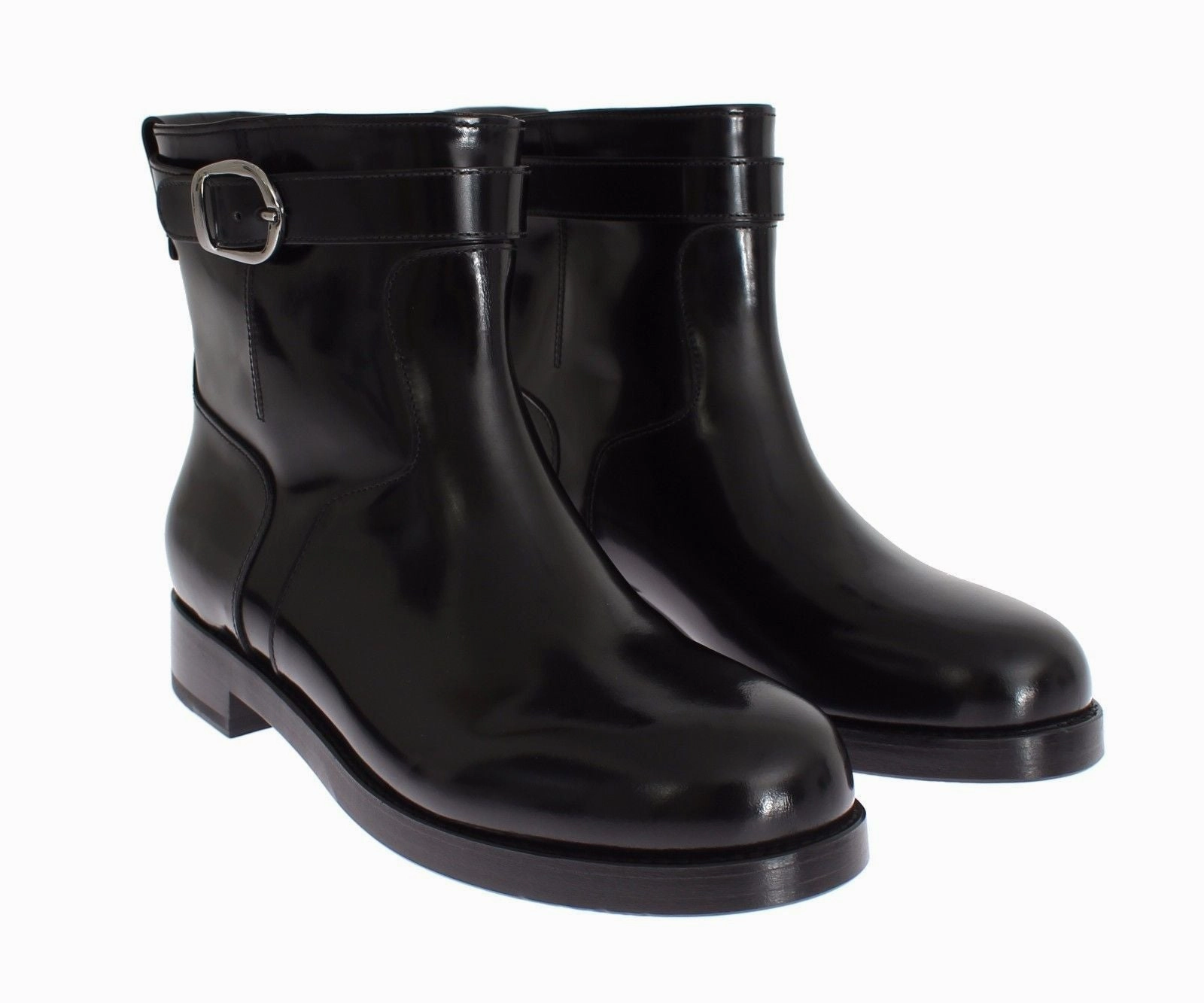 Black Leather Mid-Calf Flat Boots Shoes T Flat Shoes