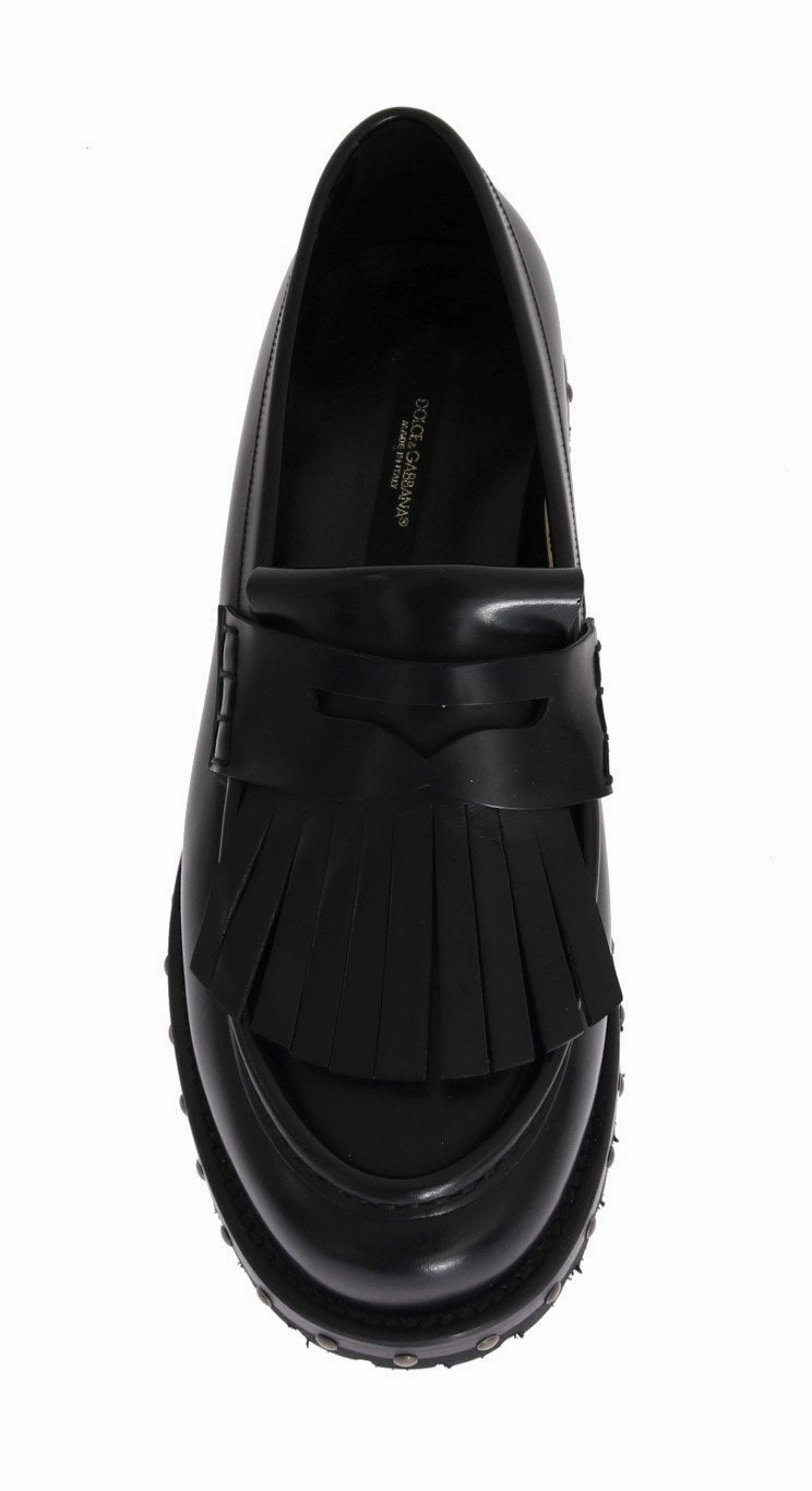 Black Leather Platform Loafers Flat Shoe For Lifting