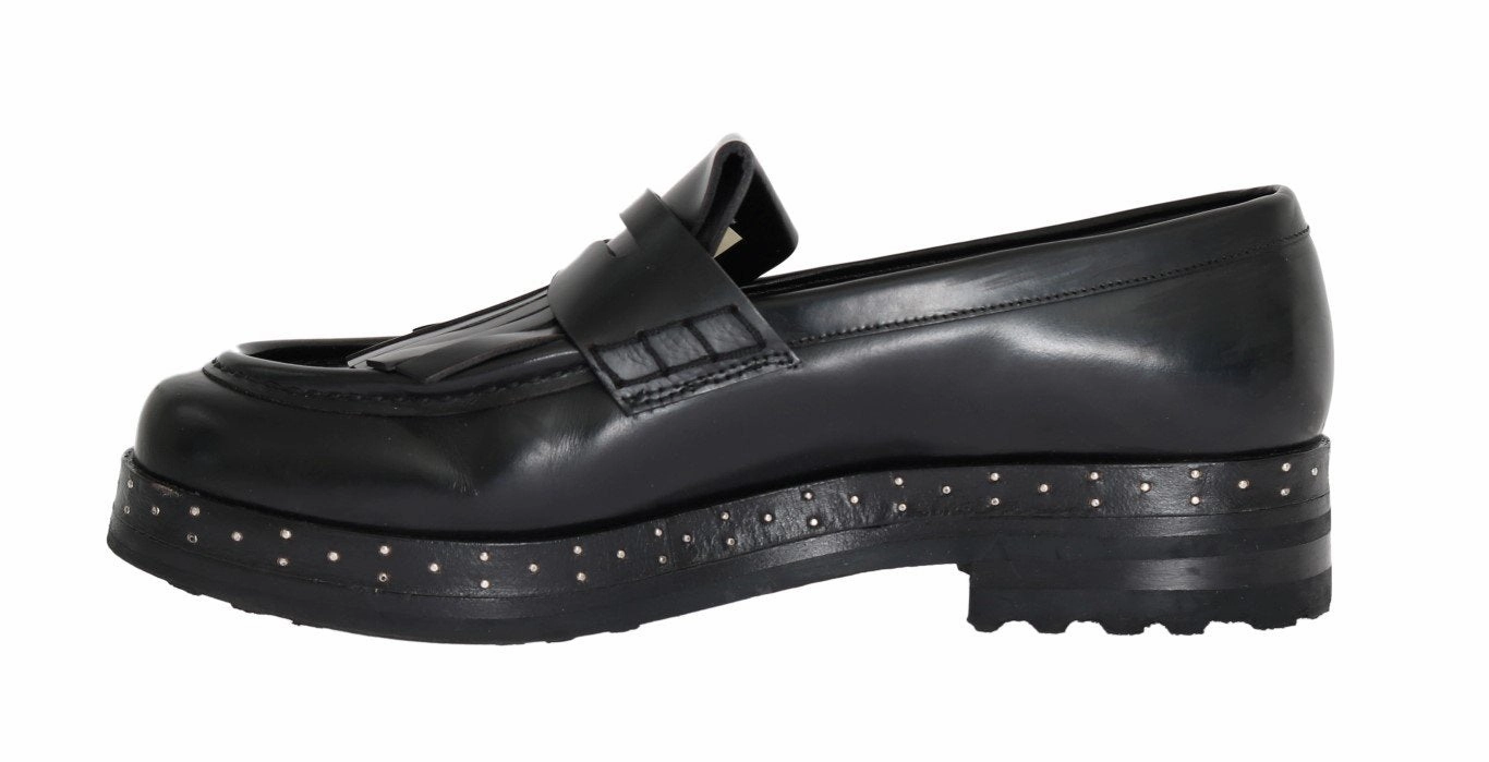 Black Leather Platform Loafers Shoe Laces Flat