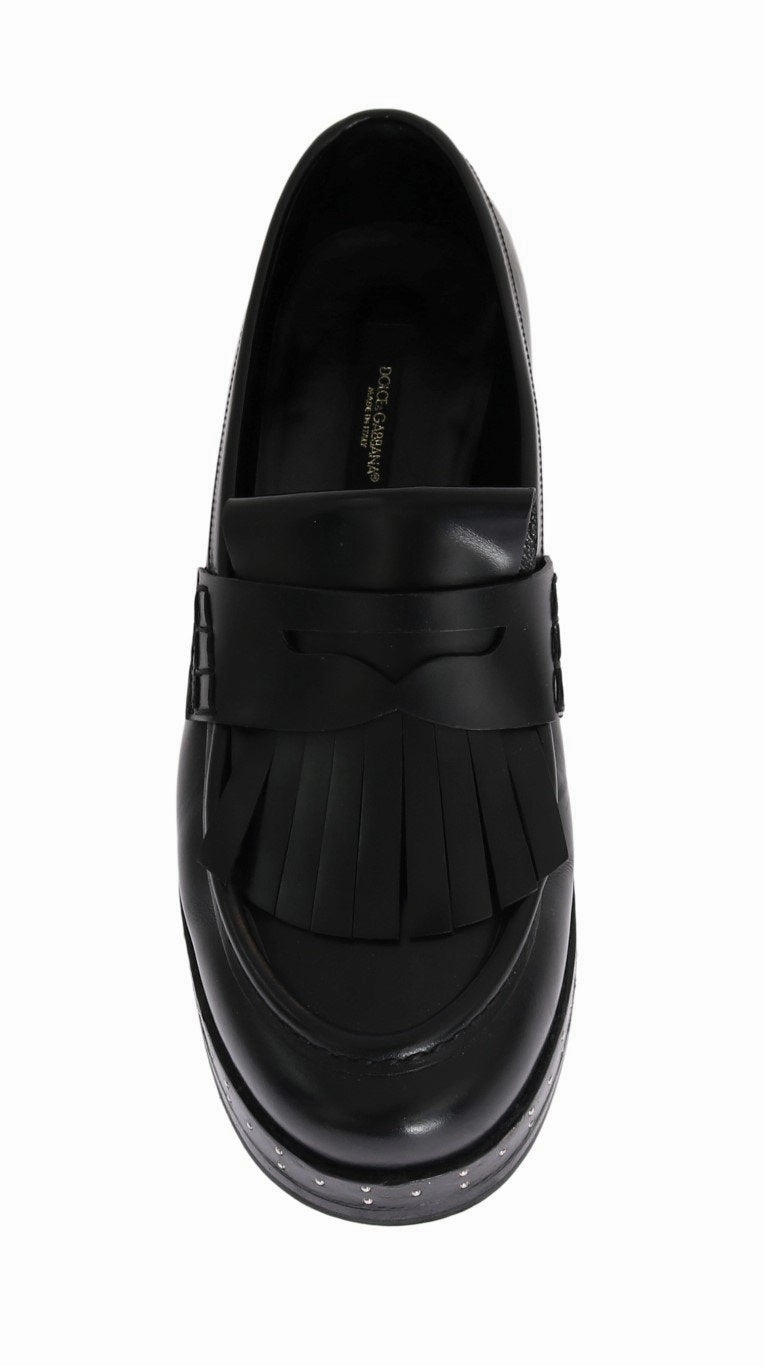Cotton Flat Shoes Black Leather Platform Loafers