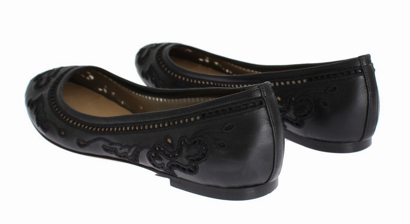 Black Leather Ricamo Ballet Flat Shoes Best Slip On Shoes For Flat Feet