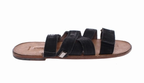 Black Leather Strap Slides Sandals Shoes Flat Strappy Sandals