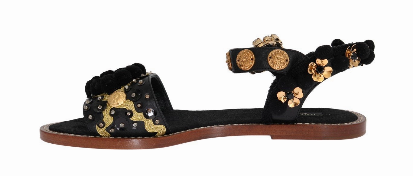 Flat Shoes In Black Raffia Crystal Torero Sandals