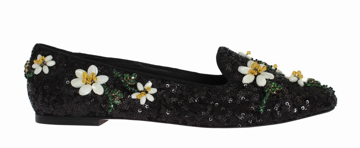 Flat Shoes With Wide Toe Box Black Sequined Crystal Flat Shoes