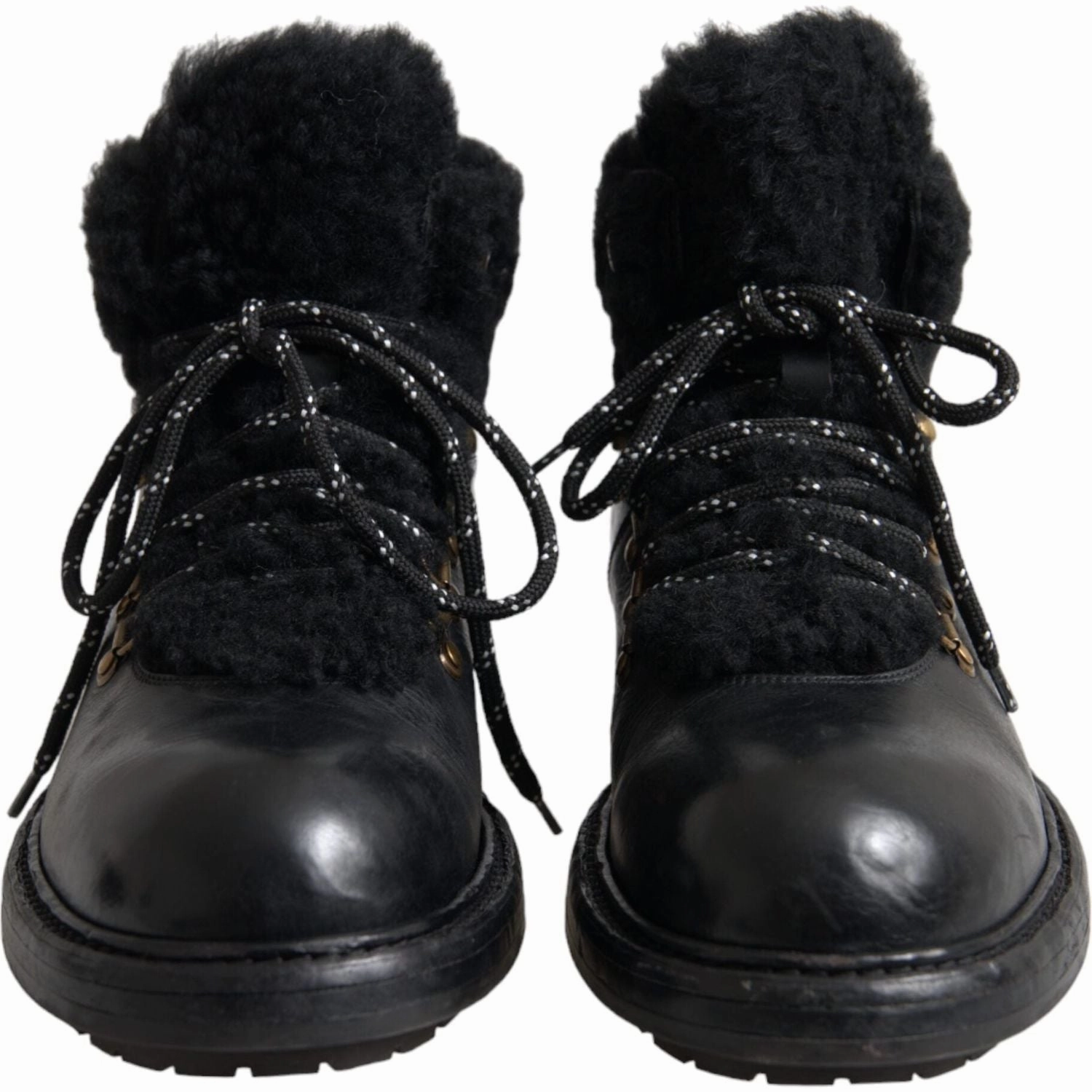Dolce & Gabbana Black Leather Bernini Shearling Boots Shoes Lace Boots