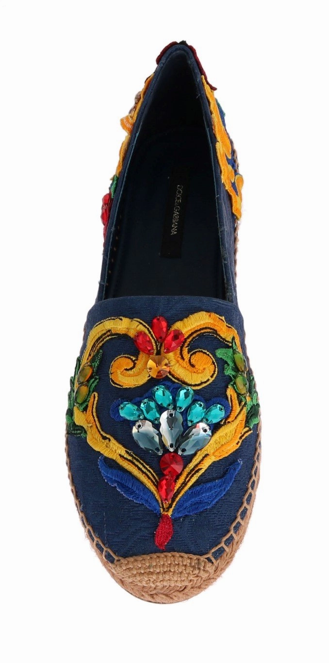 Blue Brocade Crystal Espadrilles Shoes Comfy Flat Shoes