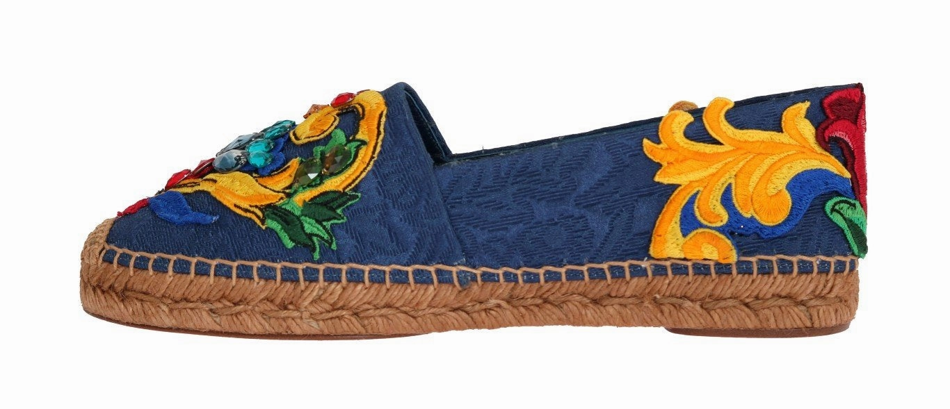 Chunky Flat Shoes Blue Brocade Crystal Espadrilles Shoes