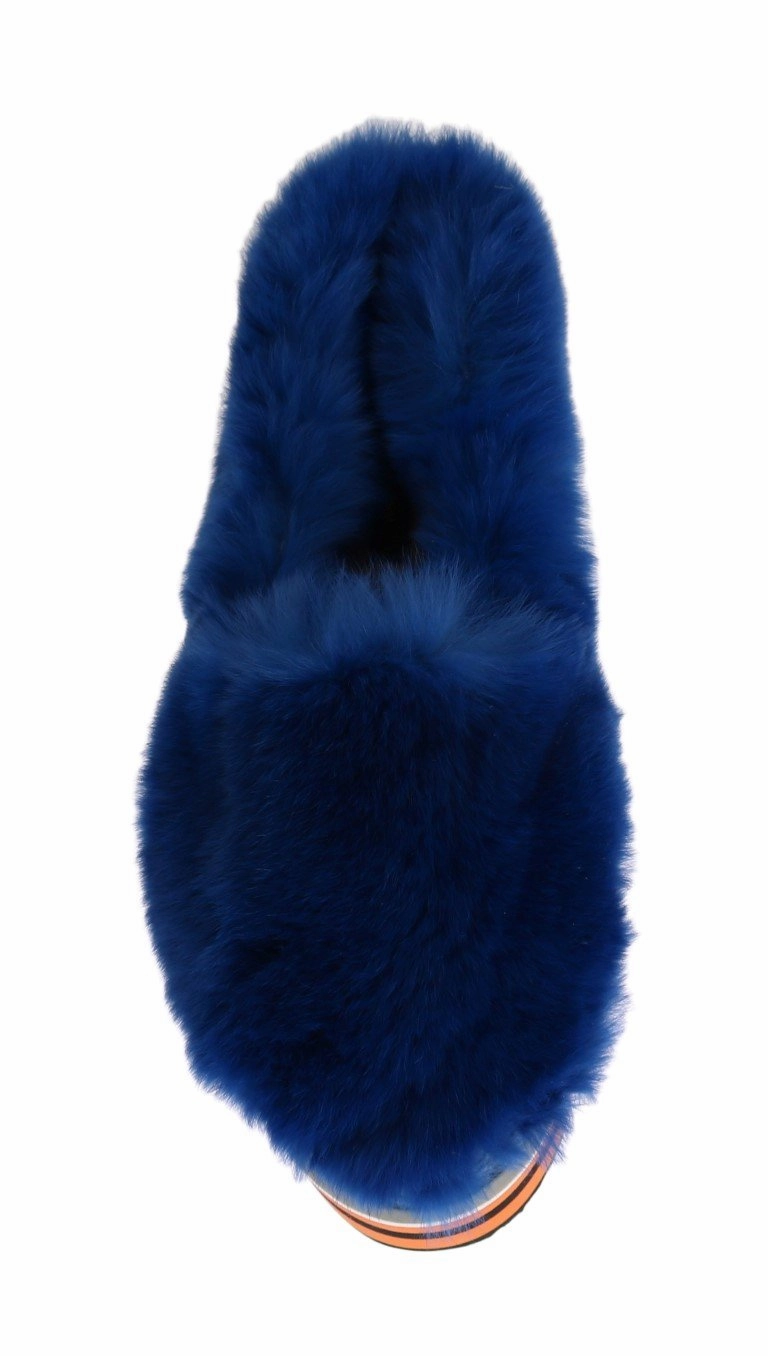 Blue Rabbit Fur Espadrilles Loafers Enclosed Flat Shoes