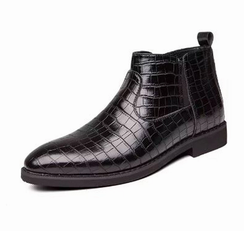 Stylish Men Genuine Black Leather Chelsea Boots Crocodile Print Dog Boots With Suspenders