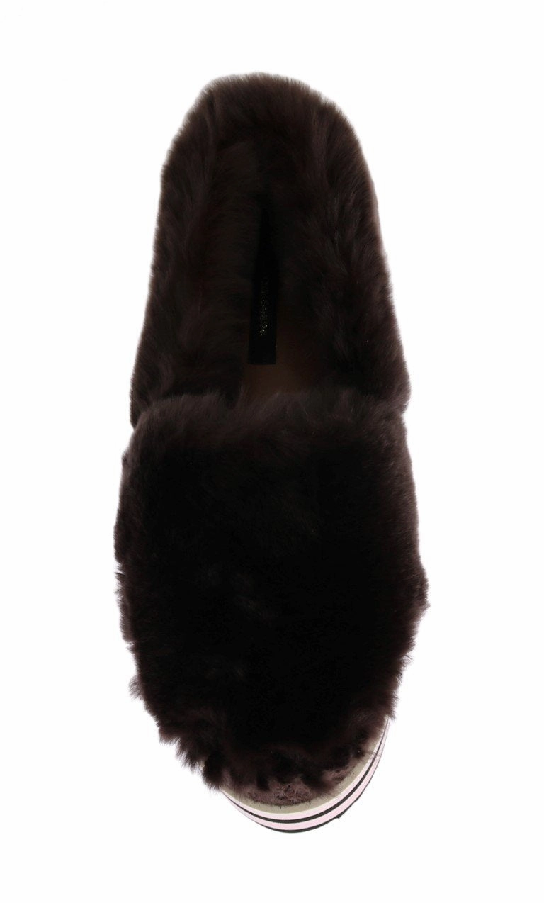 Brown Rabbit Fur Espadrilles Loafers Flat Shoe Strings