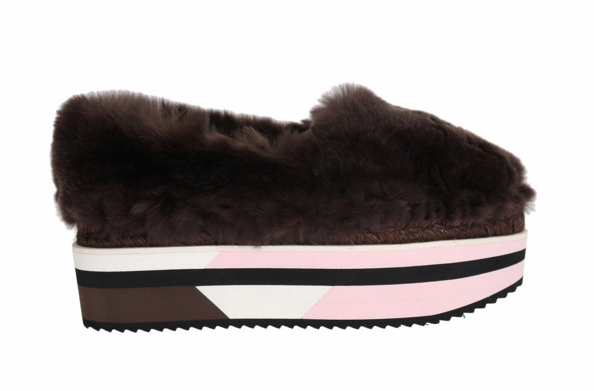 Brown Rabbit Fur Espadrilles Loafers Nurse Flat Shoes