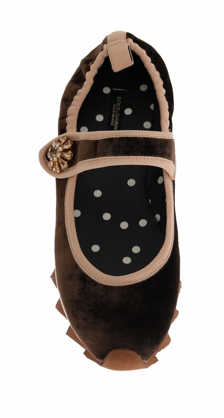 Flat Feet Tennis Shoes Brown Velvet Crystal Strap Ballerina Shoes