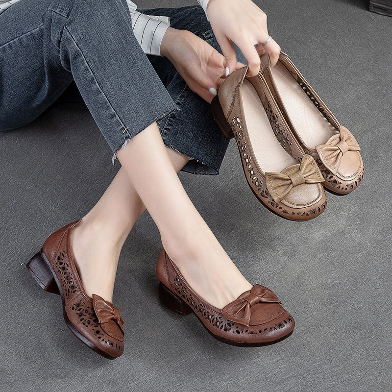 Women Summer Hollow Leather Low Chunky Heel Pumps Casual Prom Shoes