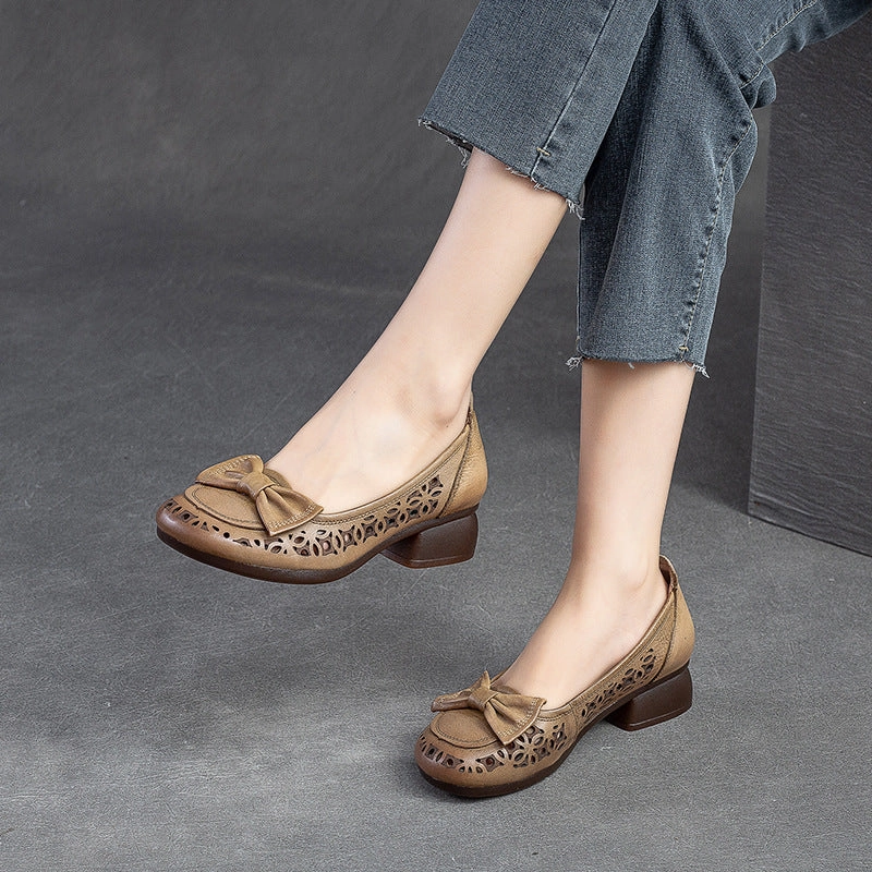 Mickey Casual Shoes Women Summer Hollow Leather Low Chunky Heel Pumps