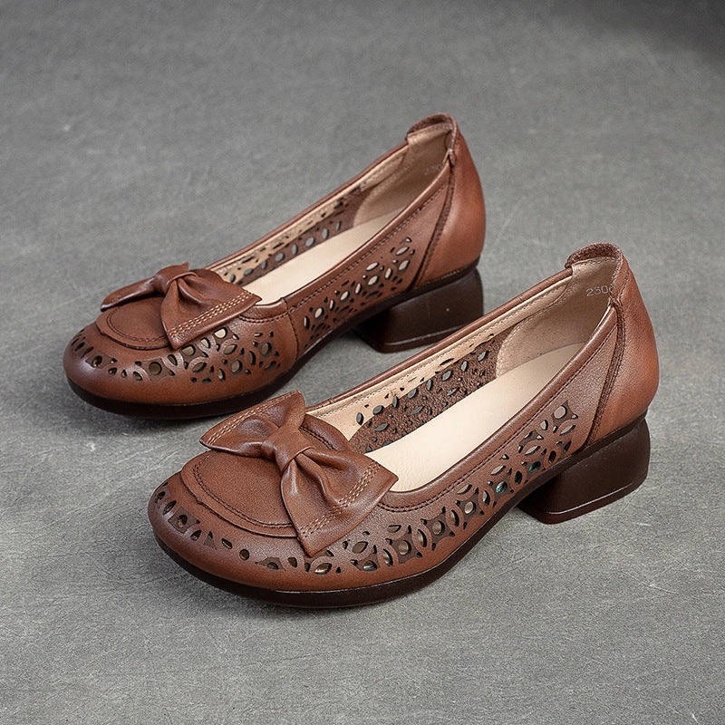 Top Ten Casual Shoes Women Summer Hollow Leather Low Chunky Heel Pumps