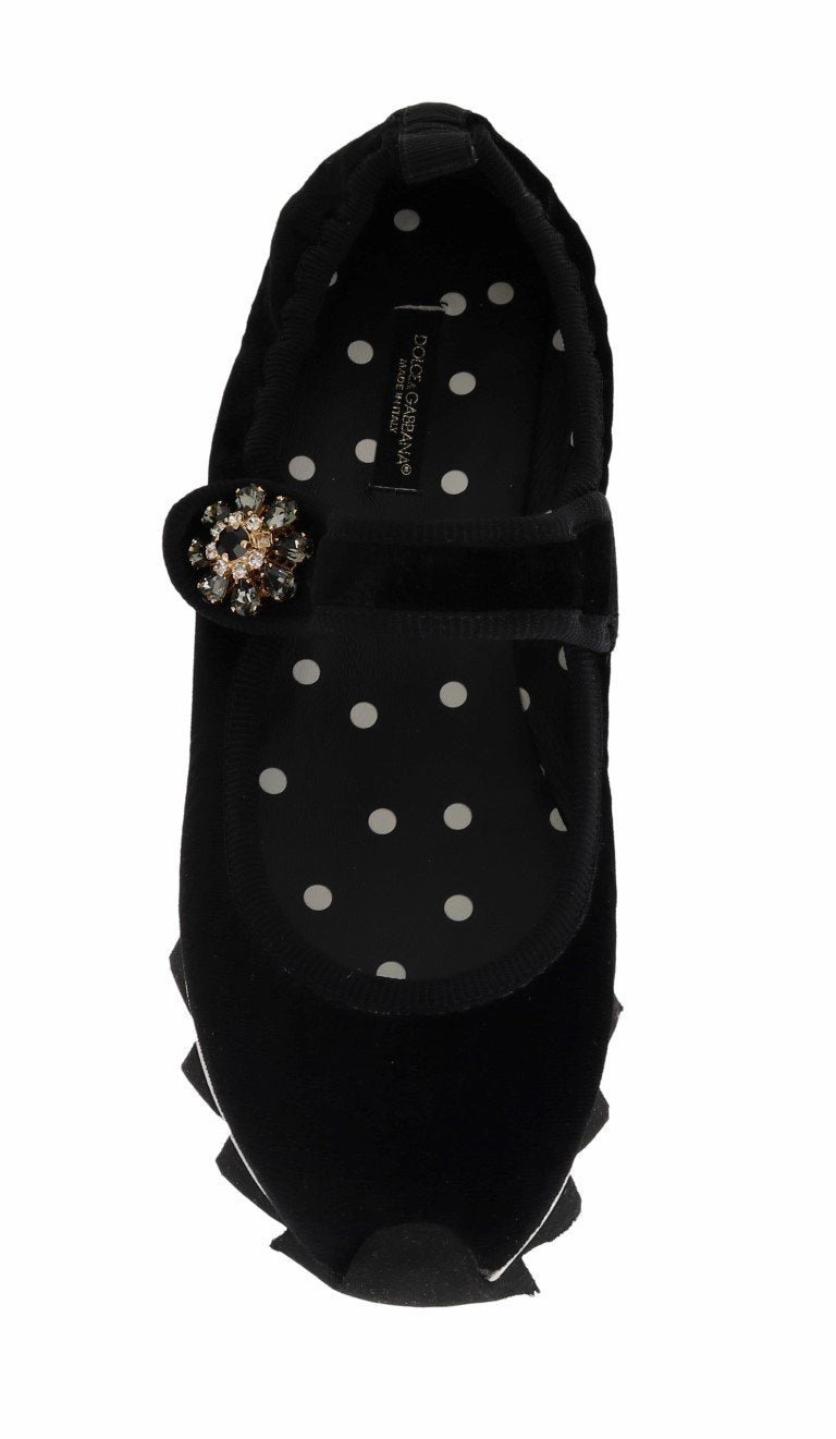 Black Velvet Crystal Strap Ballerina Shoes 40s Flat Shoes