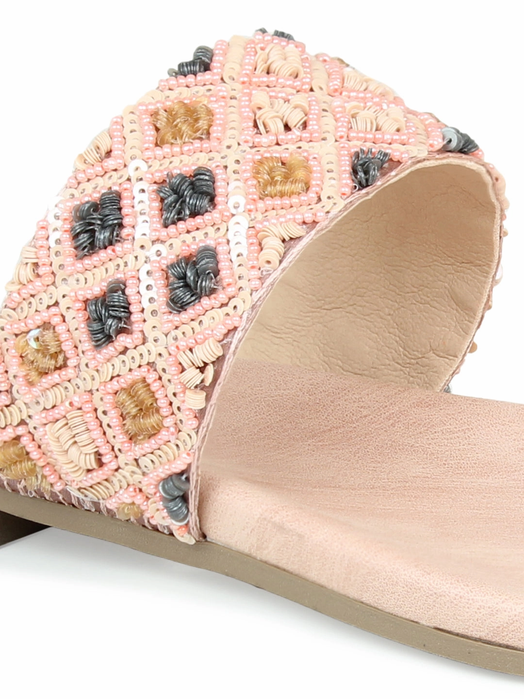 Women Peach Embellished One Toe Flats with Braided Detail Flat Strap Shoes