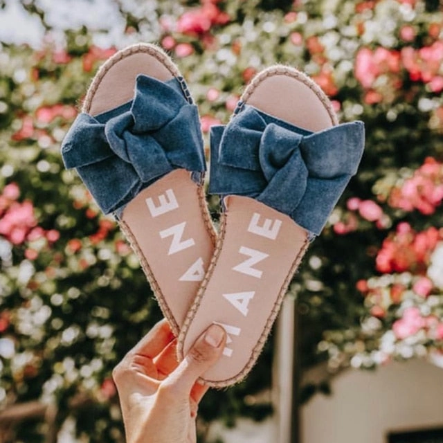 New Sweet Flock Bow Tie Summer Outdoor Women's Slippers