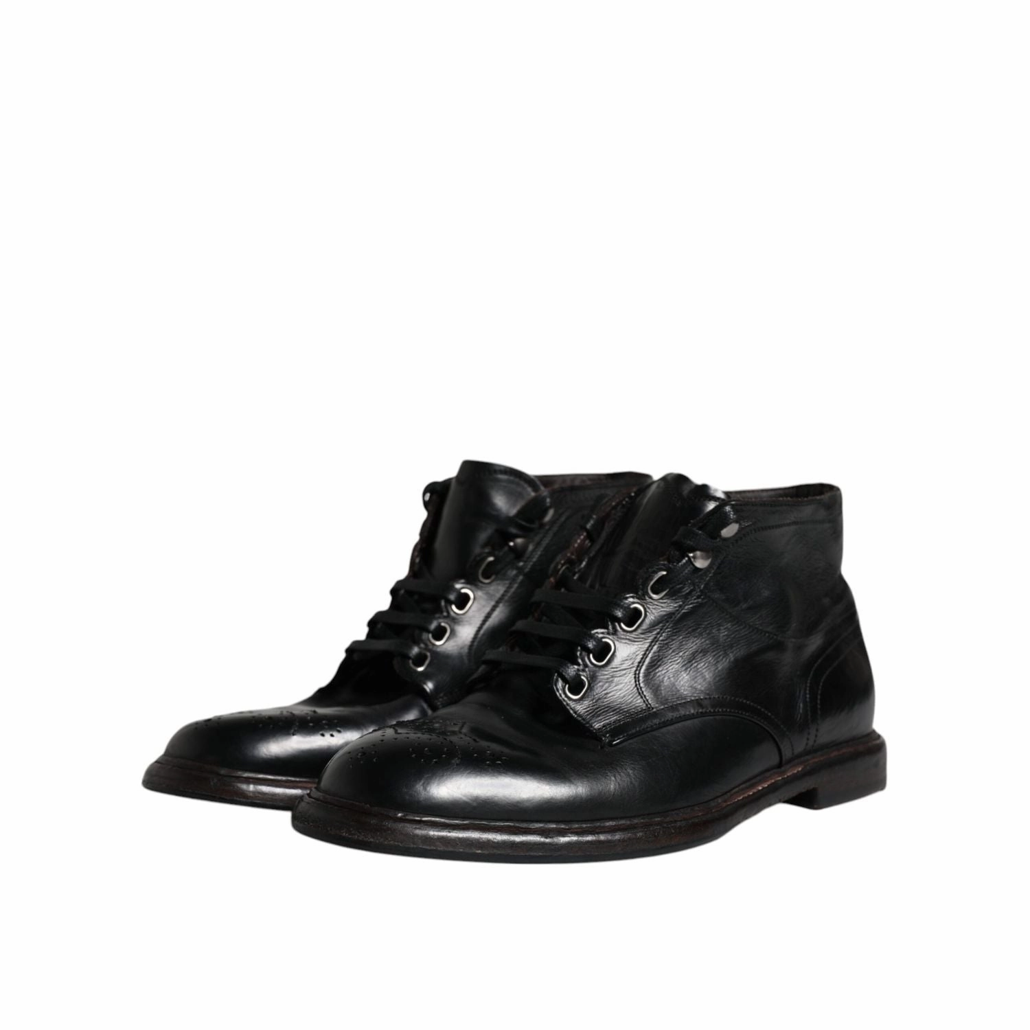 Dolce & Gabbana Black Leather Men Short Boots Lace Up Shoes Combat Army Boots