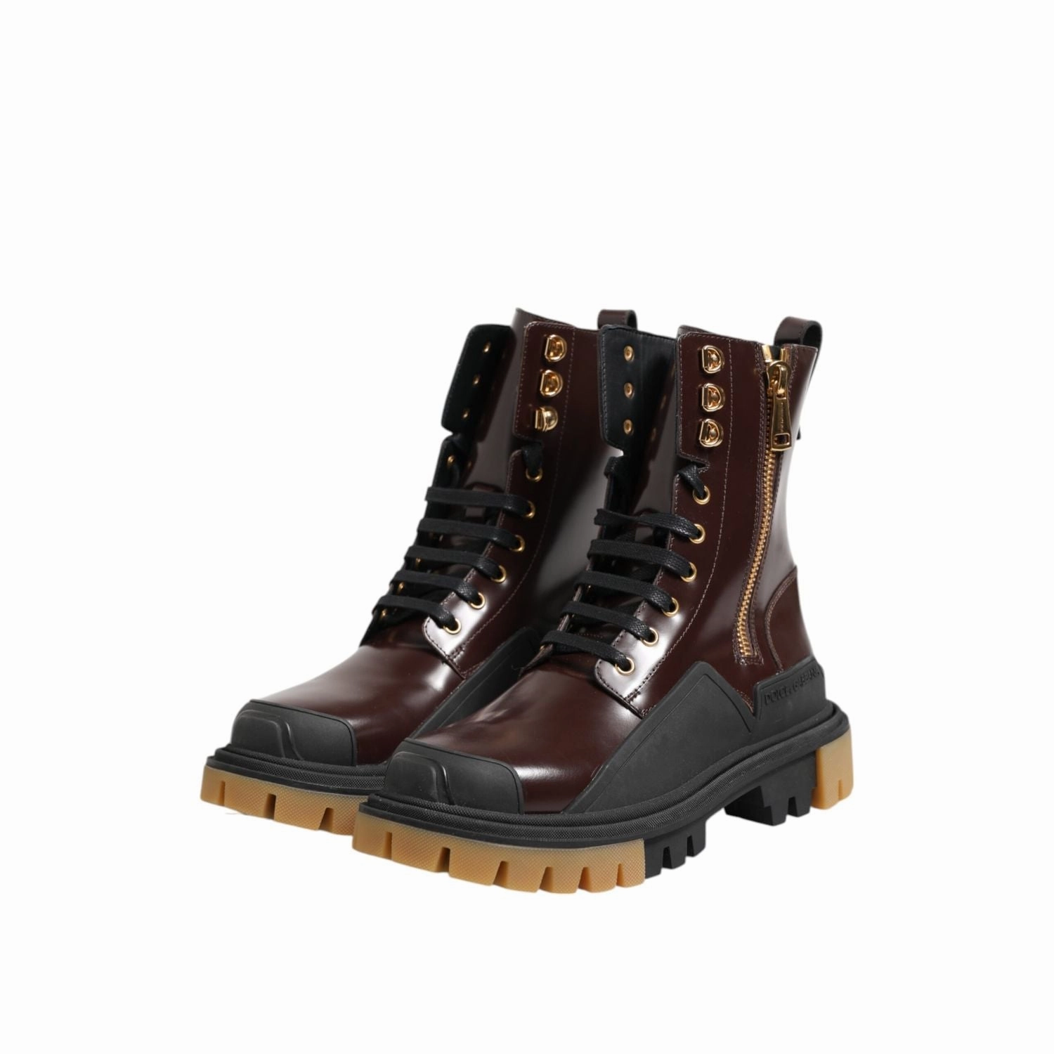 Dolce & Gabbana Brown Black Leather Boots Zipper Lace Up Shoes Magnum Boots