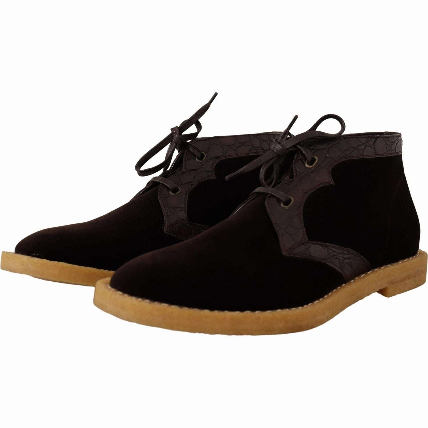 Dolce & Gabbana Brown Velvet Exotic Leather Boots Lace Up Winter Boots