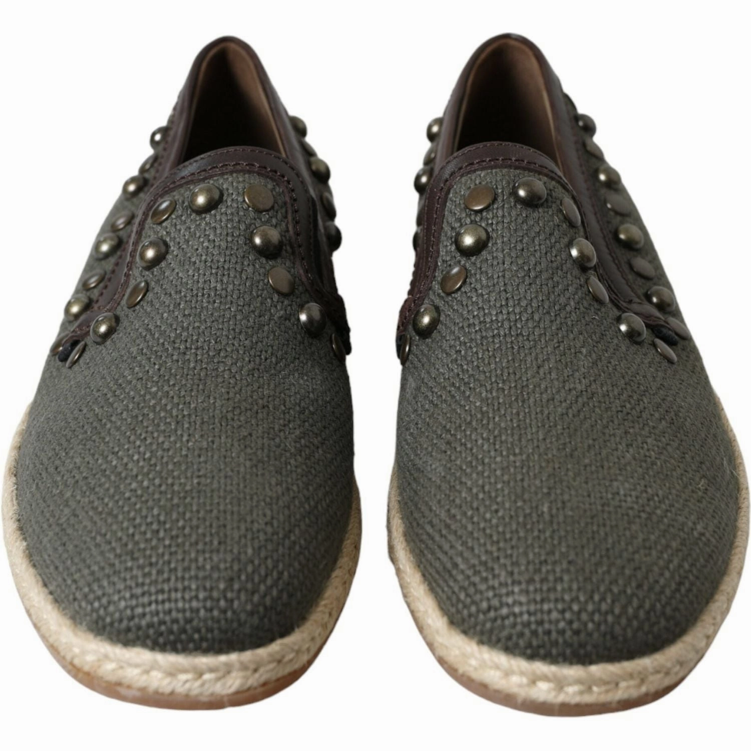 Dolce & Gabbana Gray Linen Leather Studded Loafers Shoes Wide Width Slippers