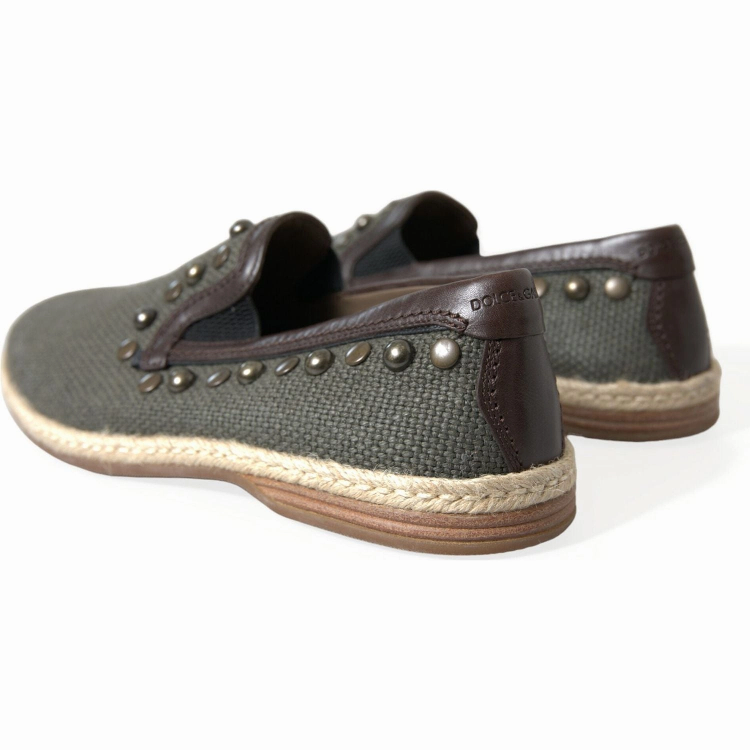 Dolce & Gabbana Gray Linen Leather Studded Loafers Shoes Slippers For Diabetic