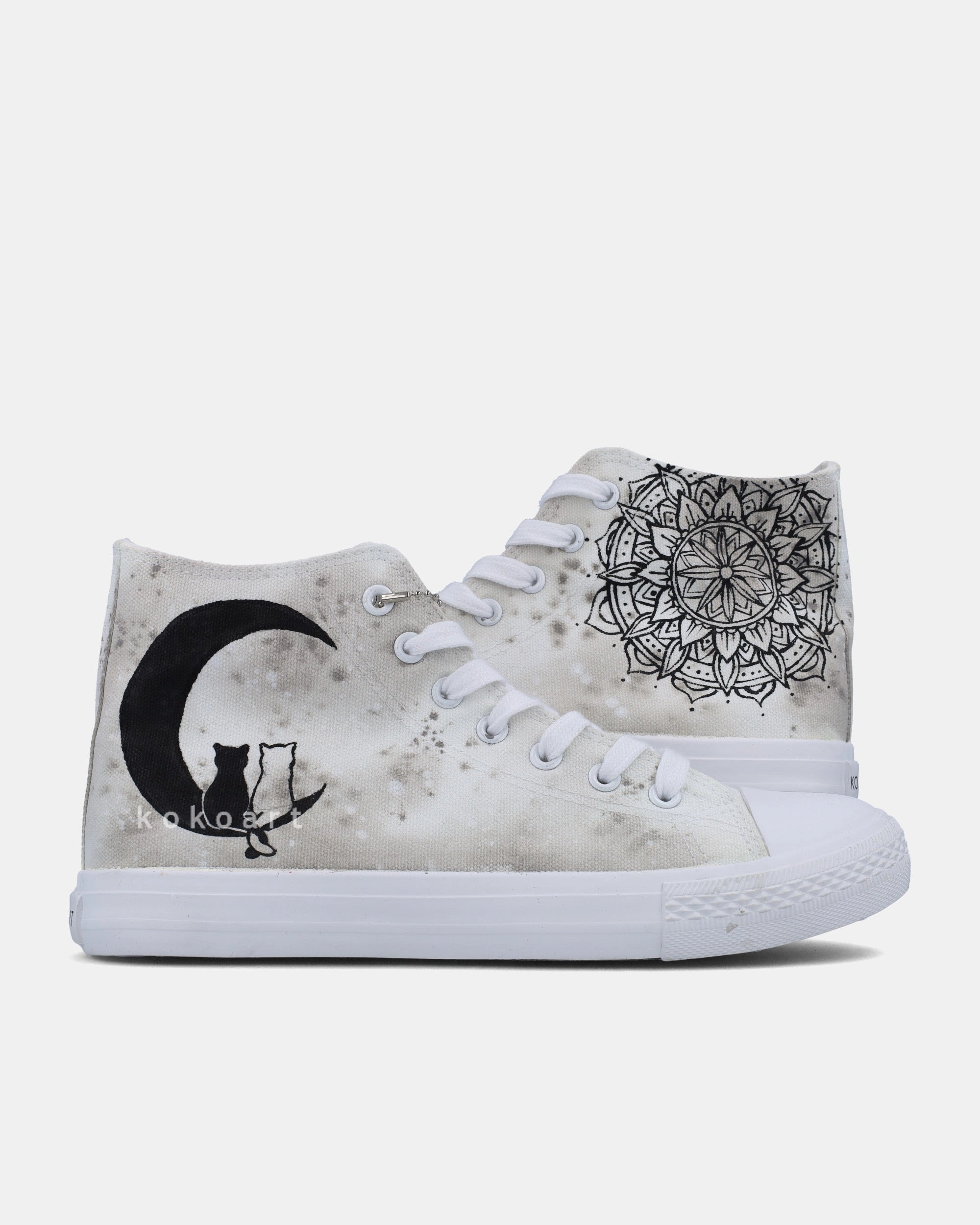 Kaegreel Shoes Waterproof Black Cats Silohuette and MandalaHand Painted Shoes