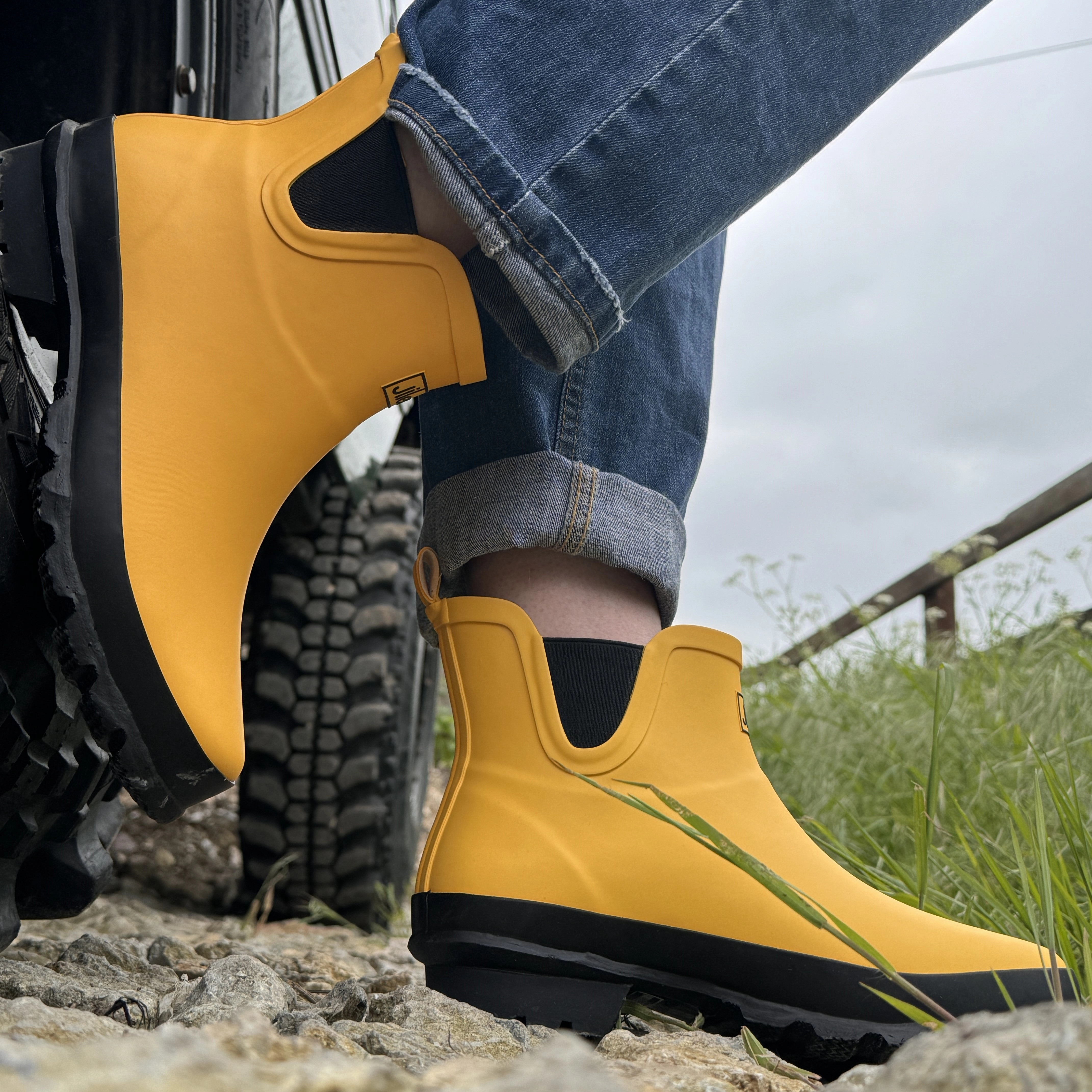 Waterproof Slip Resistant Work Shoes Ankle Height Rain Boots - Yellow Matt - Wide Foot - Easy to Slip On