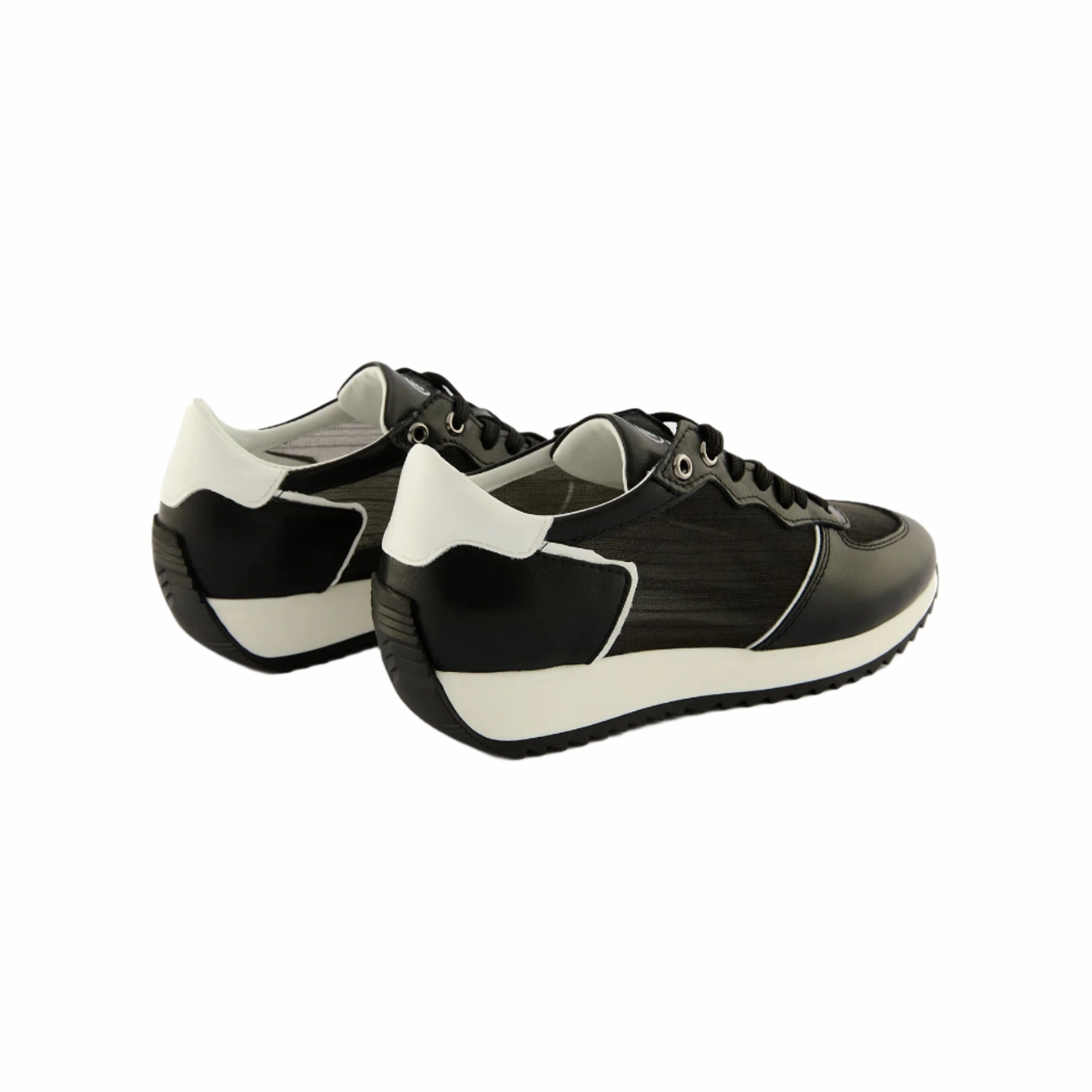 Running Sneakers Laces Women's Black Mesh-Patterned Handmade Calf Leather Sneakers W5036