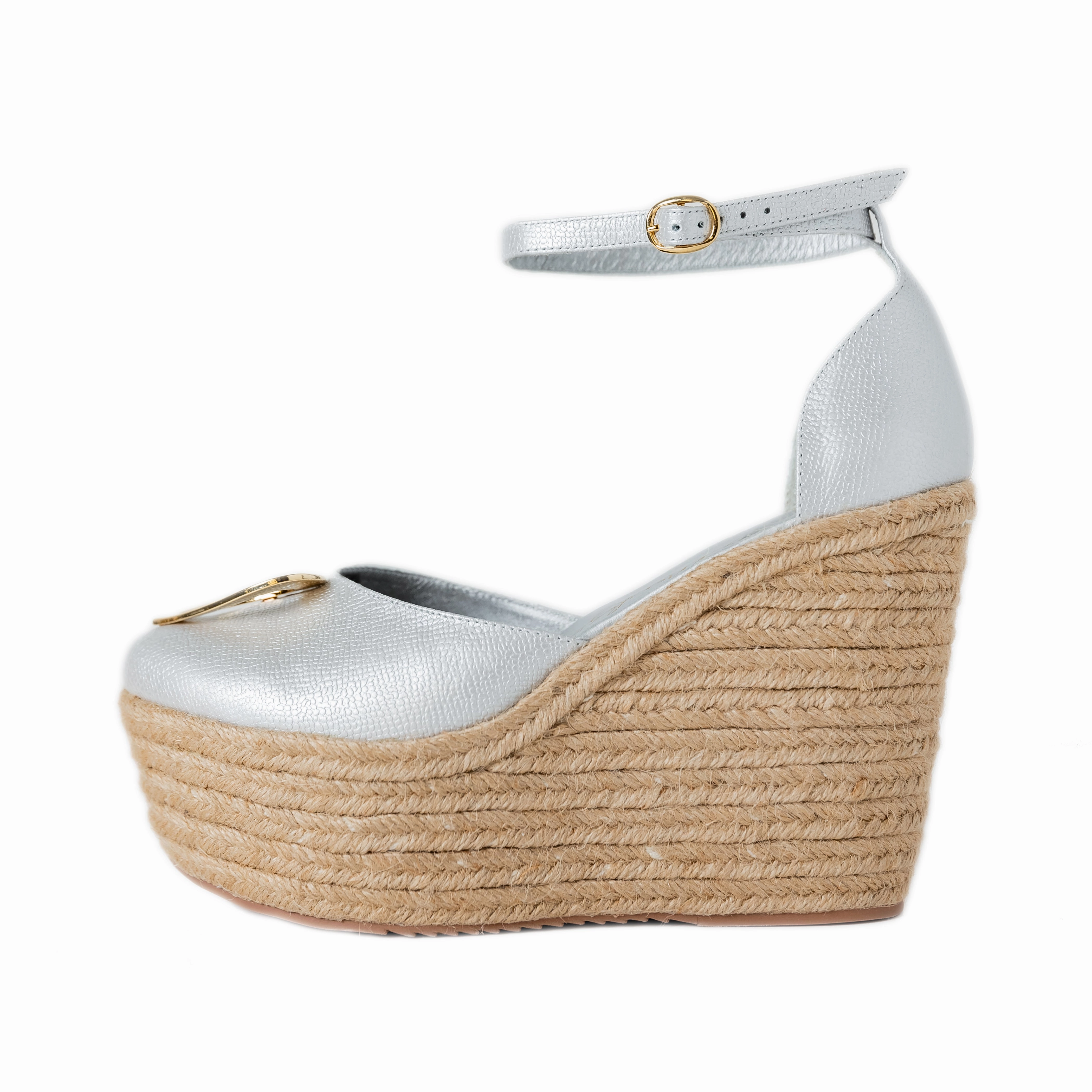 Love Espadrilles - Silver Dual Peep Toe Lace Up Espadrilles